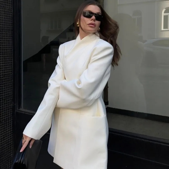 White Stand Collar Jacket Coat Double Pocket Elegant Socialite Women Cuff Button - Picture 7 of 15